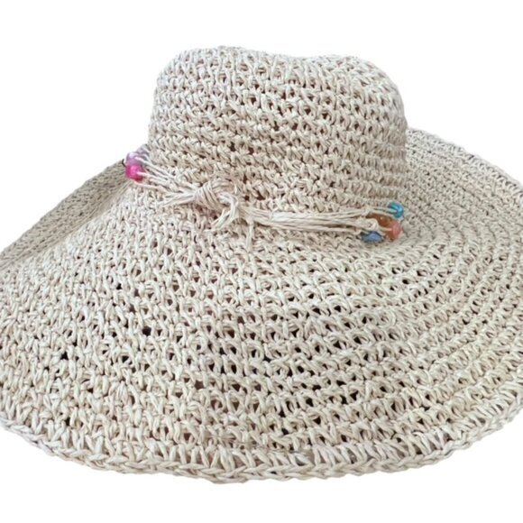 Boho Wide Brim Sun Hat Beaded Brim Trim Beach Pool Vacation Travel Cottage Coast - Picture 7 of 12